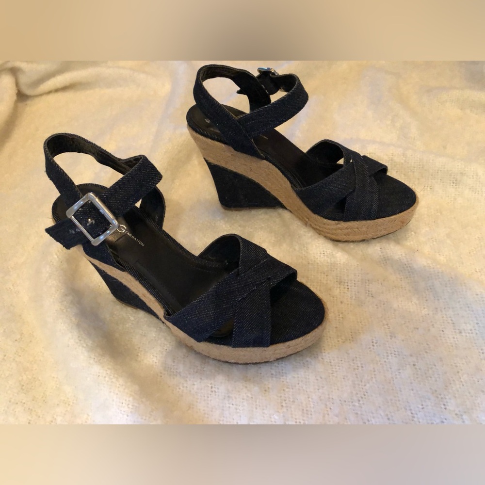 BCBGeneration Ginny Denim Espadrille Sandal Wedge Heels Blue denim 7.